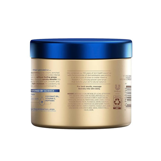 Vaseline Radiant X Deep Nourishment Body Cream 100% Pure Shea Butter, Coconut Oil, Vitamin C, & Peptides 10 oz