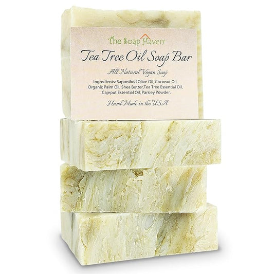 TEA TREE SOAP BAR - 4 Natural Tea Tree Oil Soap Bars for Face, Hand, Foot, Body Wash - Fights Blemishes, Itch, Body Odor. Handmade in USA with Non-GMO Ingredients. 4 Large 4.5 oz Bars