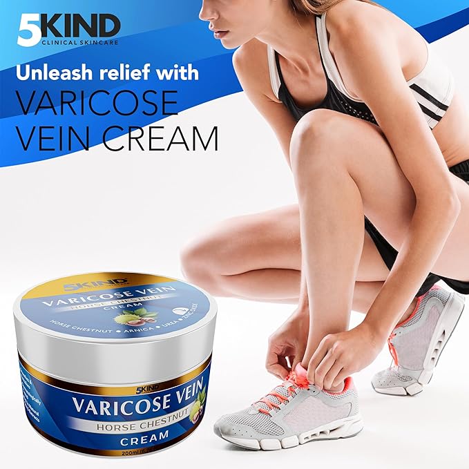 Varicose Veins Treatment for Legs 6.76 Fl Oz - Horse Chestnut Cream for Varicose Veins with Zinc, Avocado & Arnica - Improve the Appearance & Feel of Varicose Veins - Varicose Veins Cream by 5Kind