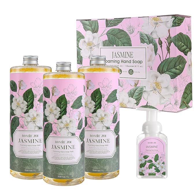 Natural Jasmine Foaming Hand Soap Refills 3-Pack (33.8 Fl Oz Each) with Dispenser - Plant-Based, Non-Toxic, Large Volume for Kitchen, Bathroom - Great Value Gift Set for Housewarming