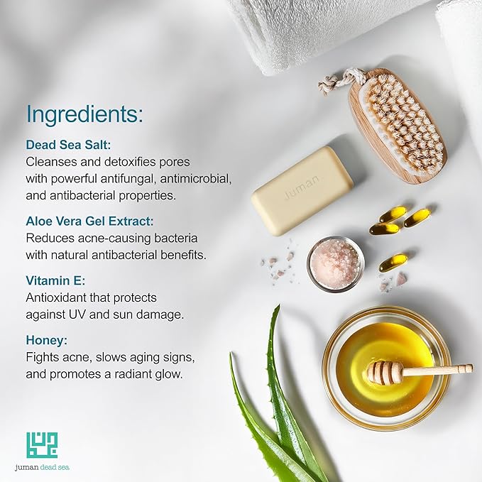 JUMAN Dead Sea Minerals Salt Soap for Acne and Dark Spots | Infused with Honey & Aloe Vera Gel Extract | Vitamin E | Moisturizing Soap Bar for Face and Body | 4oz (Pack of 4)