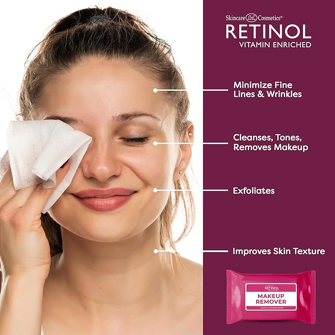 Retinol Individually Wrapped Makeup Remover Wipes, travel essentials for Travel & On the Go, women facial cleansing wipes, remove makeup mascara & sunscreen, with micellar water, 30 single face wipes