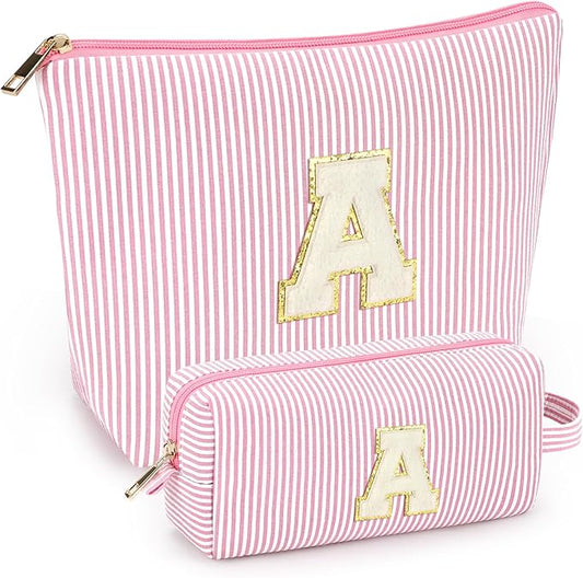 2 PCS Initial Makeup Bags for Women: Cosmetic Bag for Travel Toiletry - Birthday Gifts for 11 12 13 14 15 16 17 18 Years Old Girl Graduation Teacher Gift- Teen Girl Gifts Trendy Stuff - Light Pink A