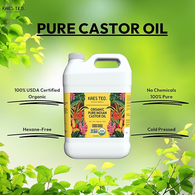 Organic Castor Oil 1 Gallon (128 fl oz) Bulk, 100% Pure Cold-Pressed, Hexane Free, Eyelash, Eyebrow & Hair Growth Serum, Skin Moisturizer, Massage, Hair Loss, Dandruff, Detox and Wraps