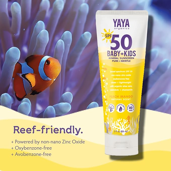 YAYA ORGANICS Baby + Kids Mineral Sunscreen with Free Sponge Applicators, SPF 50, Reef-Friendly, Non-Nano Zinc Oxide, Hypoallergenic, 3 oz, 2-pack