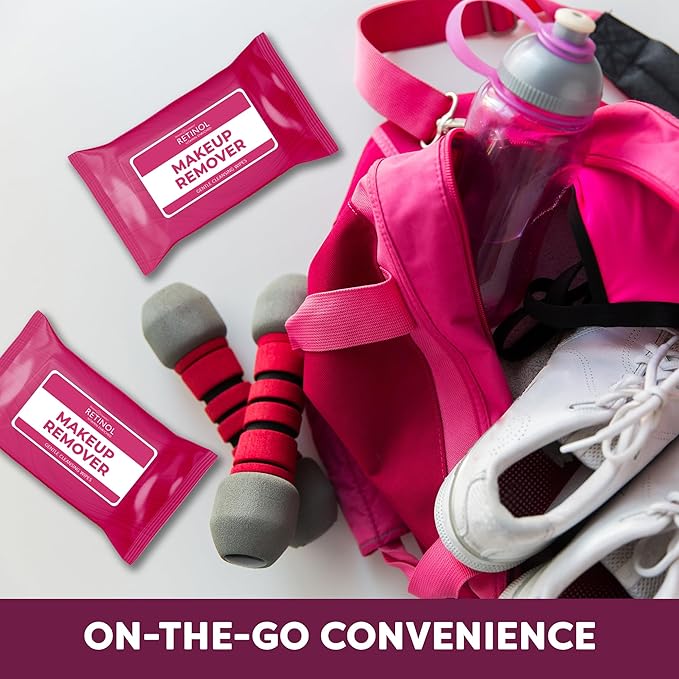 Retinol Individually Wrapped Makeup Remover Wipes, travel essentials for Travel & On the Go, women facial cleansing wipes, remove makeup mascara & sunscreen, with micellar water, 30 single face wipes