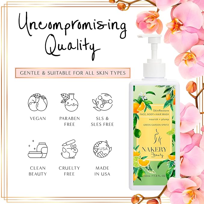 Nakery SkinRestore Hydrating Face & Body Wash with Hyaluronic Acid - Body Wash for Sensitive Skin - Foaming Face Wash & Oil Cleanser for Women 350ml - Sulfate Free & Cruelty Free - Green Garden Spritz