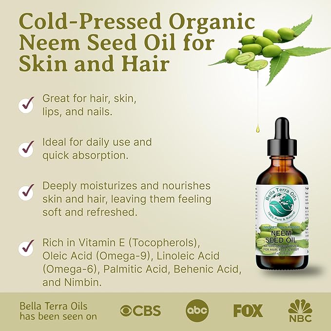 Bella Terra Oils - Organic Neem Seed Oil 16 oz - Authentic Cold-Pressed Process, Filled with Palmitic Acid & Omega-9 Fatty Acids, Ideal for Daily Skin Routine