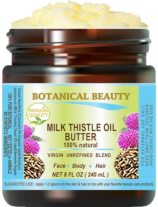 Botanical Beauty MILK THISTLE OIL BUTTER Silybum marianum 100% Natural for FACE, SKIN, BODY, HAIR, NAILS, Foot Care. Foot Oil butter, Skin Moisturizer (8 Fl Oz)