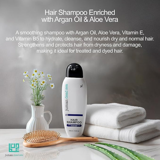 Juman Dead Sea Hydrating Shampoo with Essential Argan Oil | Aloe Vera, Vitamin E, & Vitamin B5 Infused Hair Shampoo | Hydrates, Restores & Protects | For Dry & Normal Hair | SLS & Paraben Free