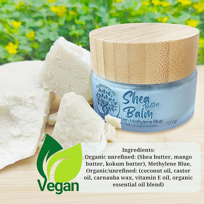 Vegan Methylene Blue Infused Shea Butter Balm for All skin types, Anti-Aging, Face and Fullbody Moisturizer, Stretchmarks, Rosacea, Psoriasis, Eczema, Acne, Organic Vegan Ingredients 1.7 oz