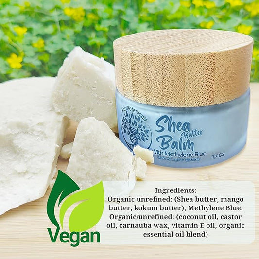 Vegan Methylene Blue Infused Shea Butter Balm for All skin types, Anti-Aging, Face and Fullbody Moisturizer, Stretchmarks, Rosacea, Psoriasis, Eczema, Acne, Organic Vegan Ingredients 1.7 oz