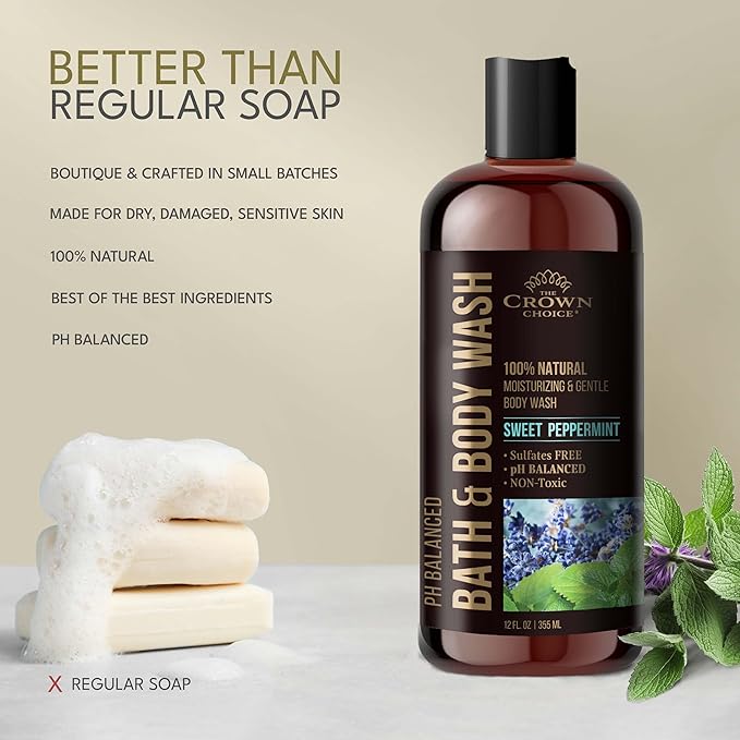 Natural Body Wash for Women, Men & Kids - Peppermint & Lavender - 12oz pH 5.5-Best pH Balance-Liquid Soap for All Skin Types-Moisturizing Sulfate & Chemical Free Shower / Bath Liquid Gel (1 PK)