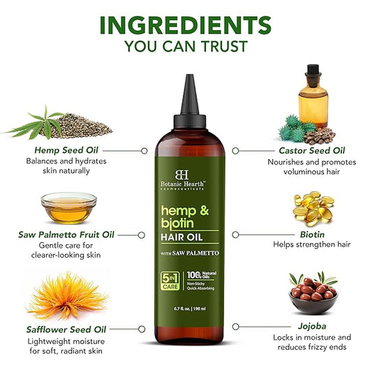 Botanic Hearth Hemp & Biotin Hair Oil (6.7 Fl Oz) |Nourishing And Strengthening Hair Treatment For Thicker, Healthier|Looking Hair | Paraben Free | Suitable For All Hair Types