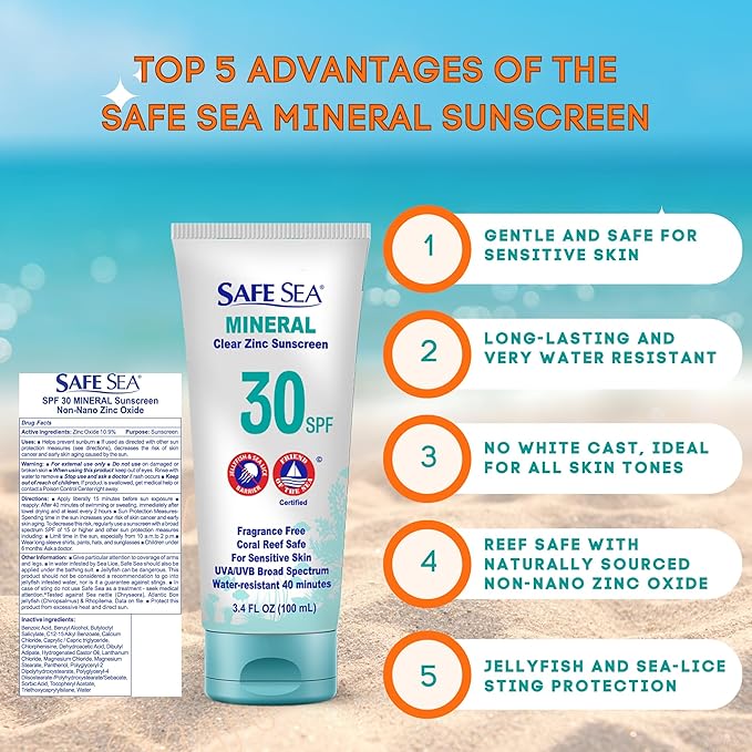 Safe Sea Zinc Oxide Sunscreen SPF30 | Clear Mineral Face And Body Sunscreen Without White Cast | Anti-Jellyfish Sting Protective Lotion | 3.4Oz (100ml) (1 Pack)