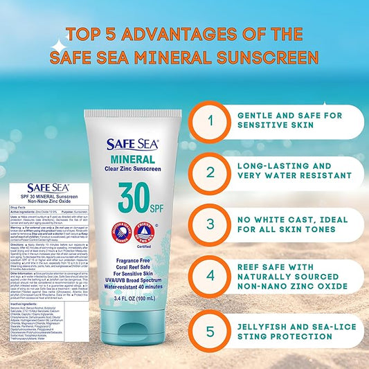 Safe Sea Zinc Oxide Sunscreen SPF30 | Clear Mineral Face And Body Sunscreen Without White Cast | Anti-Jellyfish Sting Protective Lotion | 3.4Oz (100ml) (2 Pack)