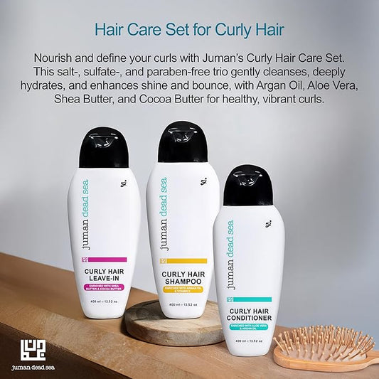 Juman Dead Sea Minerals Curly Hair Shampoo and Conditioner Set | Enriched with Essential Argan Oil & Plant Extracts | Free from SLS & Parabens | Vegan | Curly Hair Products Set of 3