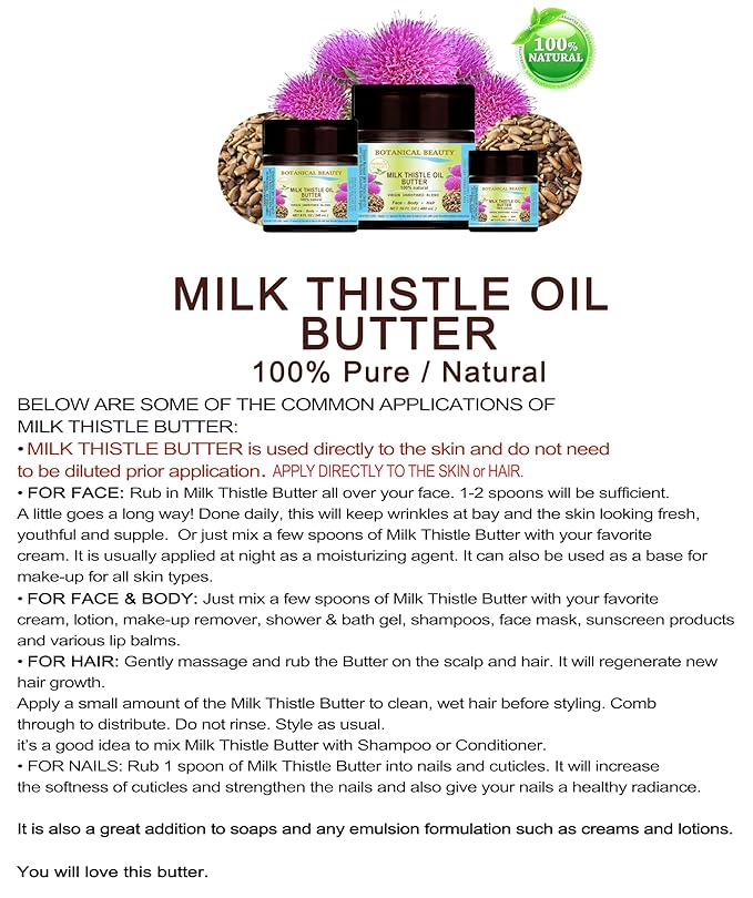 Botanical Beauty MILK THISTLE OIL BUTTER Silybum marianum 100% Natural for FACE, SKIN, BODY, HAIR, NAILS, Foot Care. Foot Oil butter, Skin Moisturizer (16 Fl Oz)