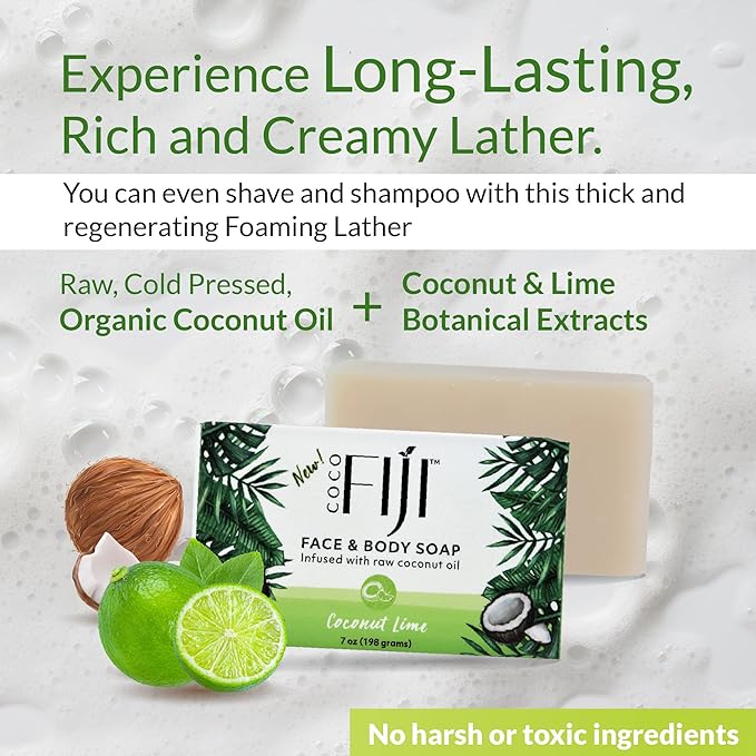 "Coco Fiji Soap Bar for Face and Body Infused With Organic Coconut Oil, Coconut Lime, Essential Oil, Natural Soap for Moisturizing & Pore Purifying Skin, 7 oz, Pack Of 3 "