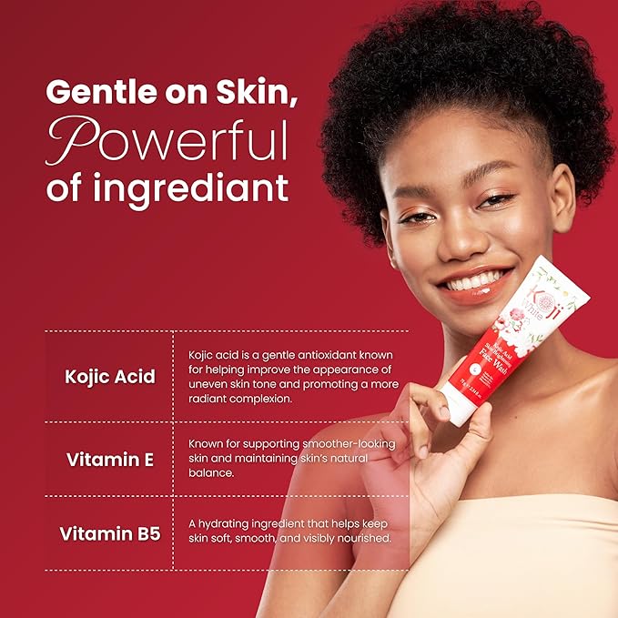 Koji White Kojic Acid Skin Brightening Face Wash for Exfoliating Face, Hydrating Face Moisturizer, Vegan Face Wash, Even Skin Tone with Vitamin C, Flower Extracts, Vitamin E, 2.54 Fl Oz