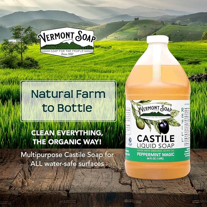 Vermont Castile Soap Peppermint, Gentle Liquid Soap for Sensitive Skin & Natural Body Wash, Organic Hair Shampoo for Oily Hair, Aloe Castile Soap for Men & Women - 64 Oz
