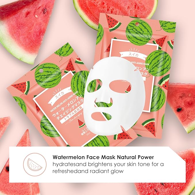 10 Pack Fruits Sheet Face Mask, Watermelon Refreshing Mask SkinCare, Moisturizing Face Mask, Leaves Skin Smoother Looking Hydration With Antioxidants Natural Vegan for All Skin Types