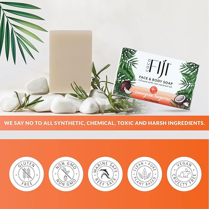 "Coco Fiji Soap Bar for Face and Body Infused With Organic Coconut Oil, Lemongrass Tangerine Essential Oil, Natural Soap for Moisturizing & Pore Purifying Skin, 7 oz, Pack Of 3 "