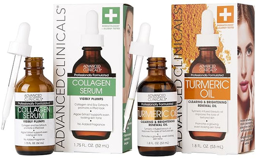 Advanced Clinicals Collagen Facial Serum + Turmeric Oil Face Serum Skin Care Set, Skin Plumping Anti Aging Serums For Face Help Brighten Skin Complexion, Fight Fine Lines, & Wrinkles, 2-Pack Bundle
