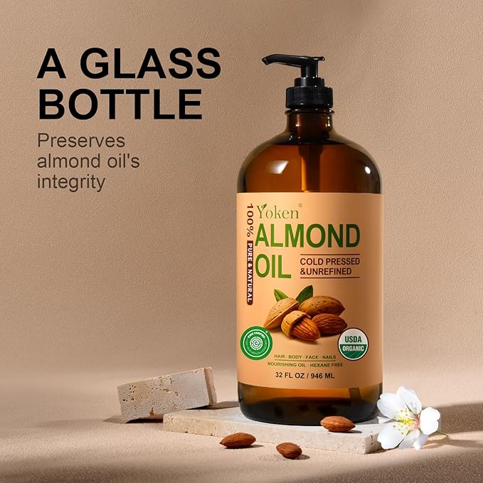 Yoken Organic Almond Oil 32 fl oz 100% USDA Pure Cold Pressed Glass Bottle Almond Oils for Skin, Hair, Face, Body Moisturizer, Smooth and Soft Skin, Base Carrier Oil for DIY, Massage
