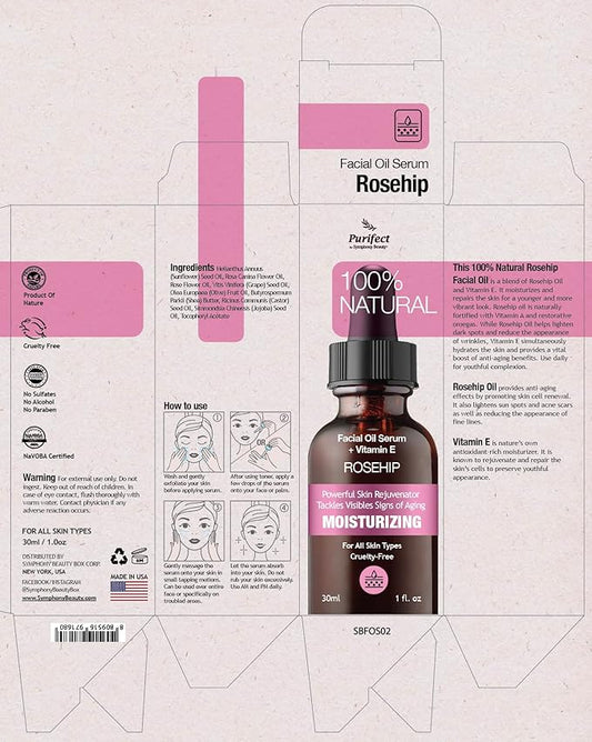 100% NATURAL ROSEHIP OIL Vegan Facial Serum Anti Aging Acne Scar Treatment with Vitamin E Jojoba Tea Tree 30ml 1 fl oz Non-Greasy and Fast Absorbing Formurla PURIFECT MADE IN USA