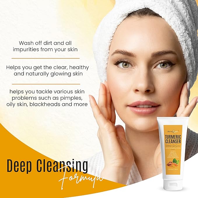 Turmeric Facial Cleanser – Natural Anti-Aging Exfoliating Turmeric Face Wash for Glowing Skin – Helps Clear Acne Scars, Dark Spots, Sun Damage & Discoloration – 5 oz