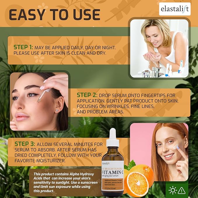 Elastalift Vitamin C Facial Serum For Age Spots, Wrinkles, & Expression Lines. Anti-Aging Face Serum W/Vitamin C & Hyaluronic Acid Brightens Skin To Promote Healthier Skin Complexion, 1.75 Fl Oz