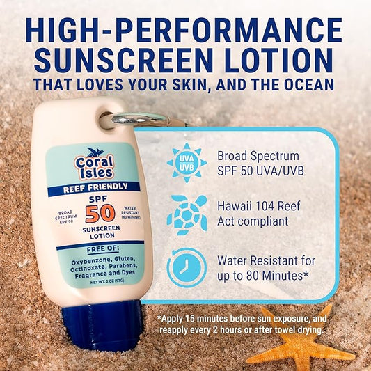 | Reef-Friendly Sunscreen | SPF 50 | Broad Spectrum UVA/UVB | Hawaii Compliant as Reef Safe | No Oxybenzone or Octinoxate | 2 Fl Oz Each (2-pack)
