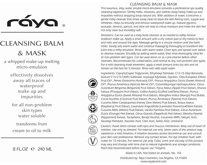 Raya Facial Cleansing Balm and Mask (155) | Natural, Water-Soluble, Fluid Cleanser and Water-Proof Make-Up Remover for Combination and Dry Skin | Can Be Used as a Gentle Cleansing Mask