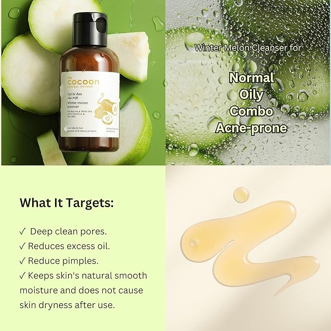 Cocoon Winter Melon Gel Cleanser Vegan for Oily Skin, Gently Cleanses All Skin Types (4.73 fl oz)