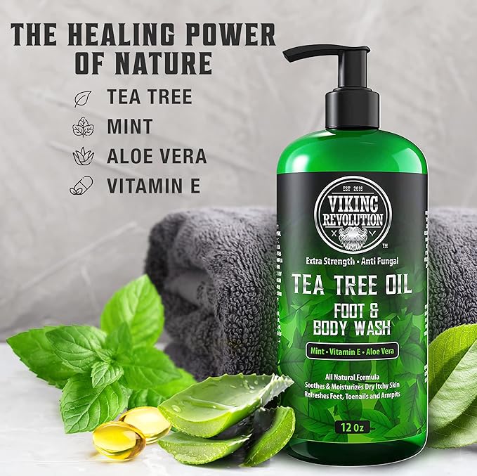 Viking Revolution Skin Cleaning Agent Tea Tree Kit for Men - Tea Tree Oil Set with Body Wash & Balm - Hydrating, Helps Athlete's Foot, Jock Itch, Eczema & Body Odors - Extra Strength, 2 Piece Set