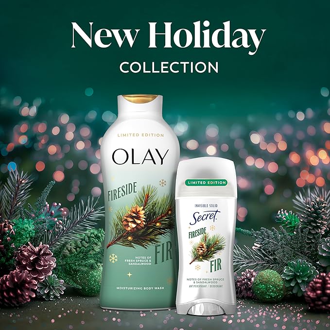 Olay Body Wash for Women, Hydrating & Moisturizing, Holiday Edition, With Plant Based Cleansers, B3 Complex, For All Skin Types, Fireside Fir with Fresh Spruce & Sandalwood Scent, 22 fl oz