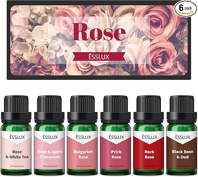 Rose Fragrance Oil, ESSLUX Premium Floral Scented Oils for Diffuser, Soap Candle Making Scents, Rose Essential Oils Gift Set for Home Fragrance - Bulgarian Rose, Black Rose & Oud, Rock Rose and More