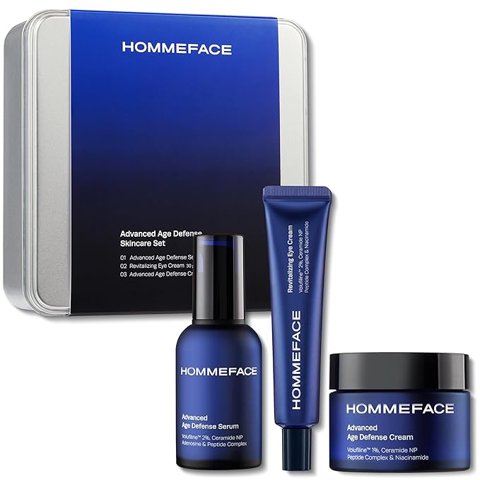 HOMMEFACE Men’s Advanced Age Defense 3-Piece Anti-Aging Skincare Set - Facial Serum, Eye Cream & Face Cream - Korean Skincare Technology with Volufiline, Ceramide, Hyaluronic Acid & Peptides