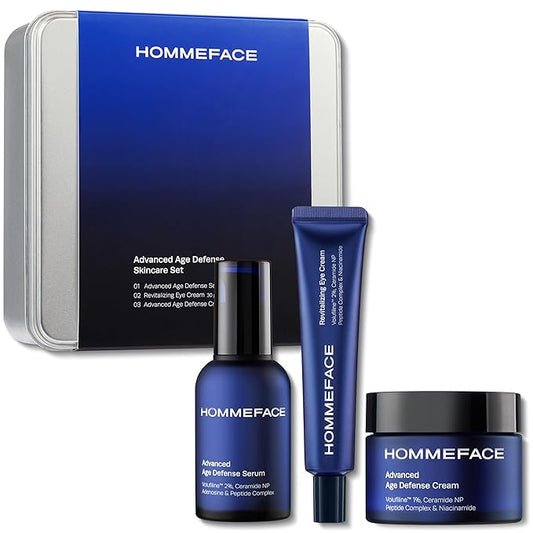 HOMMEFACE Men’s Advanced Age Defense 3-Piece Anti-Aging Skincare Set - Facial Serum, Eye Cream & Face Cream - Korean Skincare Technology with Volufiline, Ceramide, Hyaluronic Acid & Peptides
