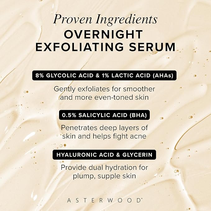 Asterwood Overnight Exfoliating Serum - AHA (Lactic Acid & Glycolic Acid) - BHA (Salicylic Acid) - Supports Improvement of Hyperpigmentation, Dark Spots - Fragrance-Free - 1 Fl Oz