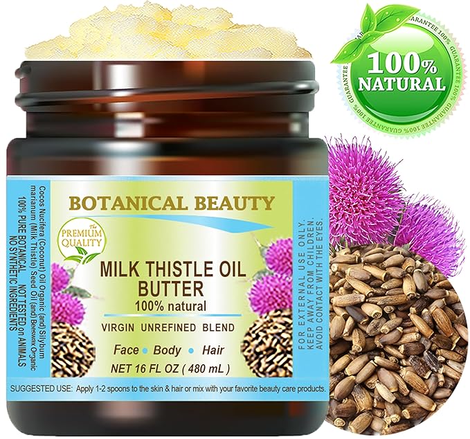 Botanical Beauty MILK THISTLE OIL BUTTER Silybum marianum 100% Natural for FACE, SKIN, BODY, HAIR, NAILS, Foot Care. Foot Oil butter, Skin Moisturizer (16 Fl Oz)