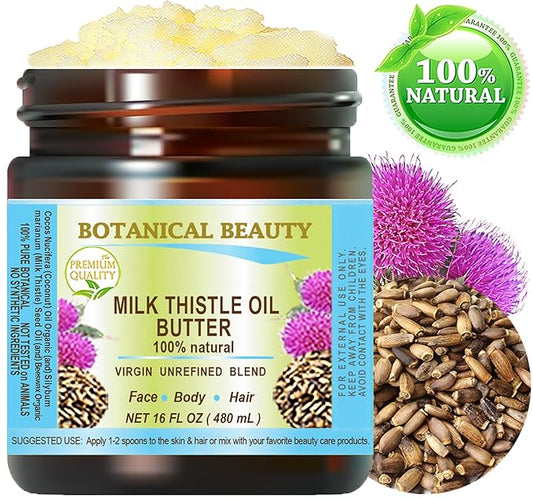 Botanical Beauty MILK THISTLE OIL BUTTER Silybum marianum 100% Natural for FACE, SKIN, BODY, HAIR, NAILS, Foot Care. Foot Oil butter, Skin Moisturizer (16 Fl Oz)