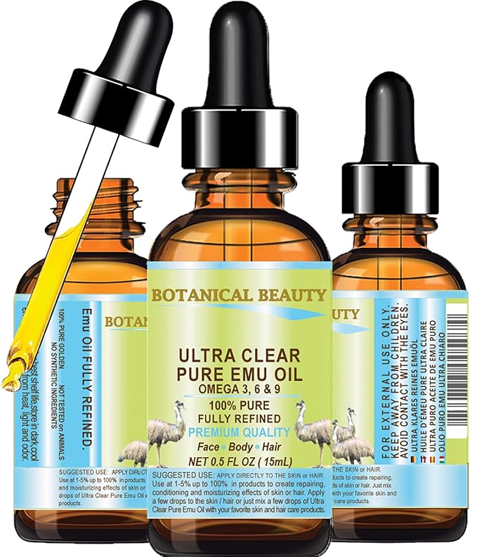 Botanical Beauty PURE EMU OIL ULTRA CLEAR 100% Natural REFINED for FACE, SKIN, BODY, HANDS, FEET, NAILS, HAIR, LIP CARE 0.5 Fl. oz. - 15 ml