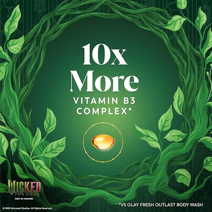 Olay Body Wash for Women, Wickedly Wonderful Elphaba’s Edition, Intensely Hydrating & Renewing, Pro-Hyaluronic Acid Serum with Vitamin B3, For All Skin Types, Cashmere Woods & Lime Scent, 20 fl oz