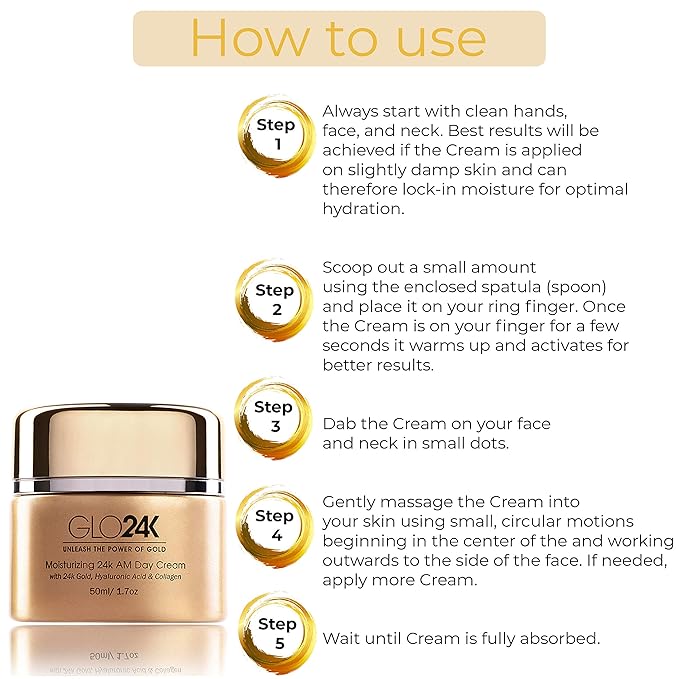GLO24K Moisturizing Day Cream with 24k Gold, Hyaluronic Acid, Collagen, and Vitamins. For Optimal Hydration.