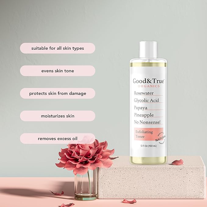Good & True Organics Exfoliating Toner, Glycolic Acid, Papaya & Pineapple Enzymes, Rose Water for Smooth Skin - Removes Impurities, Hydrates & Balances,Gentle for All Skin Types, 5 fl oz