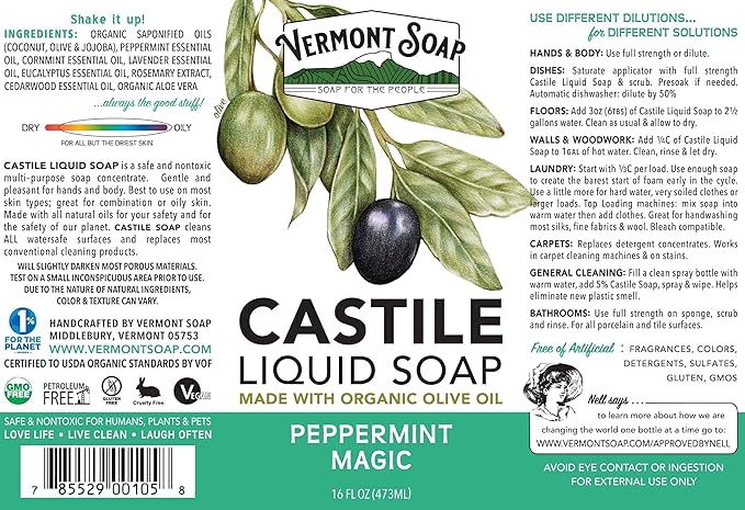 Vermont Castile Soap Peppermint, Gentle Liquid Soap for Sensitive Skin & Natural Body Wash, Organic Hair Shampoo for Oily Hair, Aloe Castile Soap for Men & Women - 16 Oz