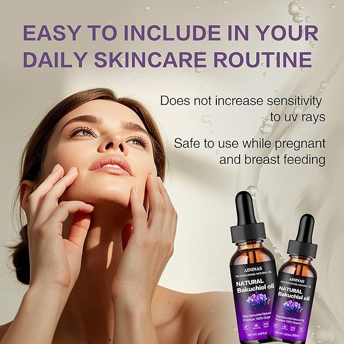 AIninas Bakuchiol Oil Organic for Face - Natural Retinol Alternative Reduces Wrinkles & Fine Lines, Sensitive Skin Safe, Mix with Moisturizer - Hydrating Facial Serum for Day & Night Use, 2 fl oz