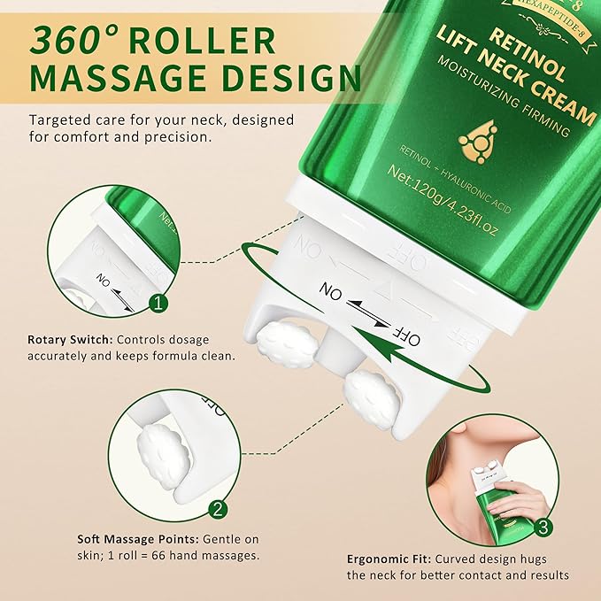 Retinol Neck Cream with Roller - AH8 Lift Firming Cream for Crepey Skin, Hyaluronic Acid Moisturizer for Face, Neck & Body, Tightening & Lifting Treatment for Wrinkles & Lines 4.23oz